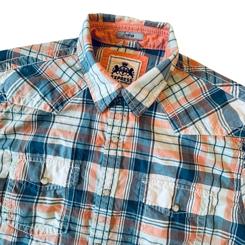 Express Pearl Snap Shirt Mens Large Blue Orange Plaid Fitted Western Cotton SS